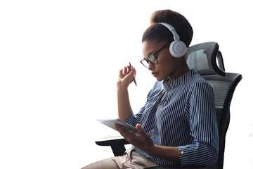 Beautiful african american business woman is working using digital tablet on a transparent background