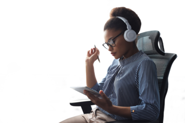 Beautiful african american business woman is working using digital tablet on a transparent background