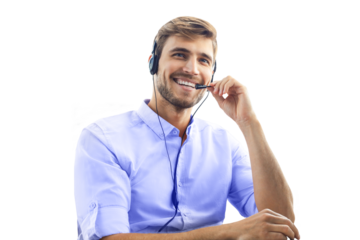 Smiling friendly handsome young male call centre operator on a transparent background