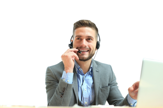 Smiling friendly handsome young male call centre operator on a transparent background