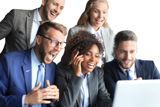 Happy business people laugh near laptop in the office. Successful team coworkers joke and have fun together at work on a transparent background