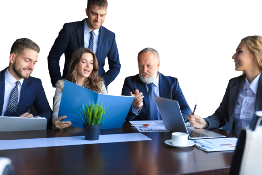 Group of business partners discussing ideas and planning work on a transparent background