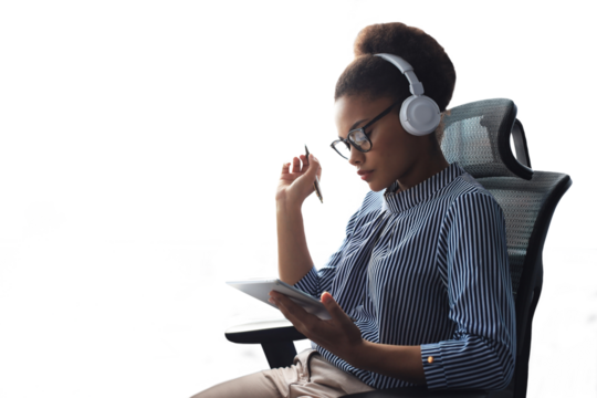 Beautiful african american business woman is working using digital tablet on a transparent background