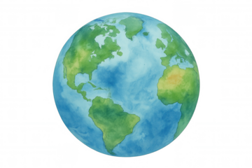 Planet earth watercolor drawing on transparent background illustrating global connection, environment, and world travel concept