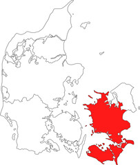 Detailed vector map of Denmark highlighting the Zealand Region (Sjælland), the large island territory that surrounds the nation's capital region.

