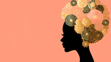 A beautiful silhouette of a woman with an afro made of flowers
