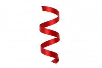 Red curling ribbon stream floating, decorative satin element for gift packaging, celebration, and event design on transparent background