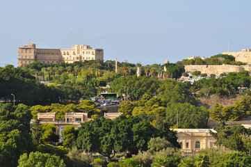 Drone view of Valletta city with garden - capital of Malta island