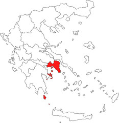 Detailed vector map of Greece highlighting Attica (Attiki), the most populous region containing the nation's capital, Athens, and its major port.


