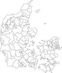 Highly precise detailed vector outline map of the Kingdom of Denmark, showing the national border and all 98 Municipal administrative divisions (Kommuner) and their borders.

