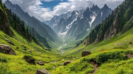 Obraz premium Majestic mountain valley exploration scenic landscape nature photography lush green environment panoramic view adventure concept