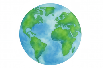 Earth globe watercolor illustration showing continents and oceans on transparent background