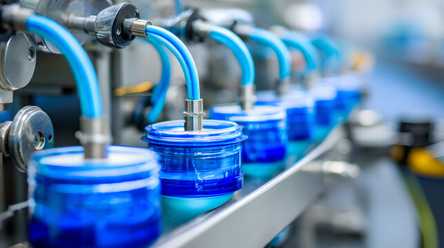 Automated assembly line filling a row of blue jars with a product.
