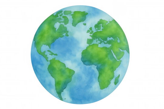 Earth globe watercolor illustration showing continents and oceans on transparent background