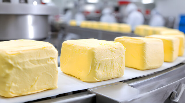 Uniform blocks of fresh butter moving down a clean factory production line.
