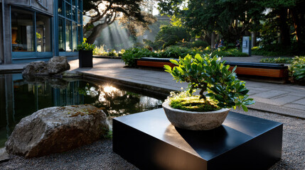 A vibrant bonsai tree soaking up the sun's rays, surrounded by greenery and artistic stone arrangements, evoking feelings of peace and appreciation for nature's beauty.