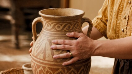 A person's hand holding a Greek amphora. Amphora, ancient pottery, art, culture, history
