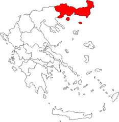 Detailed vector map of Greece highlighting East Macedonia and Thrace, the northeastern region bordering Turkey and Bulgaria, known for its diverse culture.

