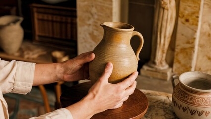 A person's hand holding a Greek amphora. Amphora, ancient pottery, art, culture, history