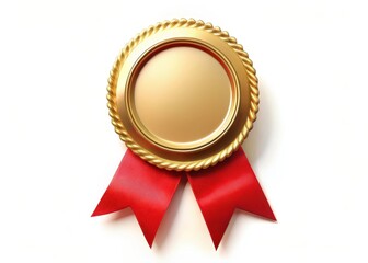 Golden badge with red ribbon on white background with empty space surrounding the image