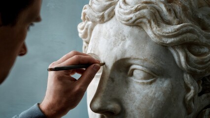 A person's hand carving a stone statue. Stone carving, ancient art, craftsmanship, skill, dedication