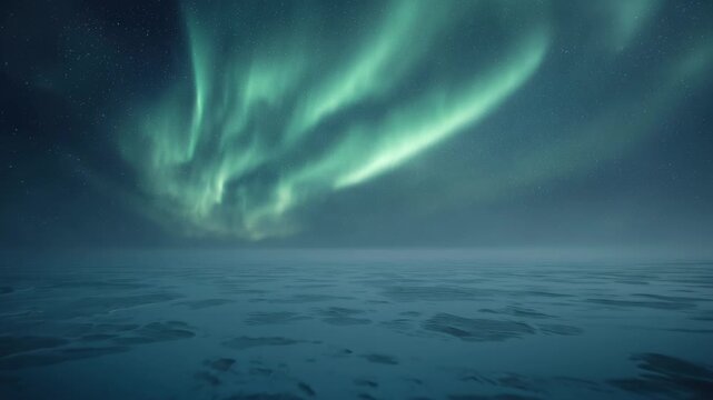 Iglu Lit by Inner Light on a Vast Snowy Plain under a Shimmering Green Aurora Borealis and Starry Sky at Night with a Horizon Line