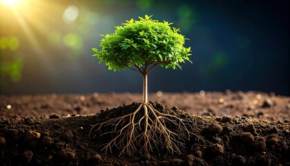 Young tree with exposed roots in dark soil, backlit by sunlight