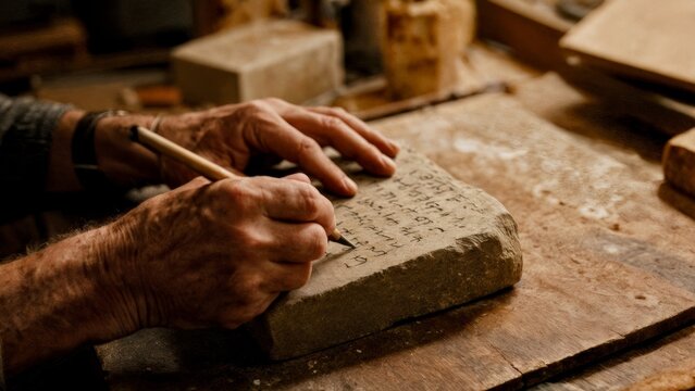 A person writing on a stone tablet with a chisel. Writing, ancient times, knowledge, communication, history