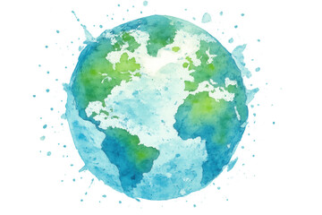 Naklejka premium Watercolor earth globe painting with splashes, depicting geography, world map, and global environment concept