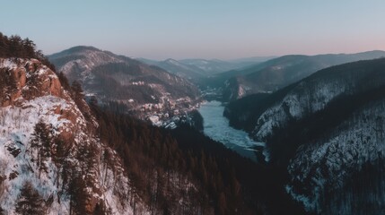 Frozen river landscape winter nature scene aerial view majestic mountains tranquil environment