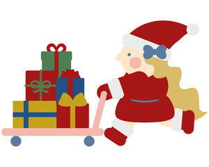 台車でたくさんのプレゼントを運ぶかわいい女の子のサンタクロース