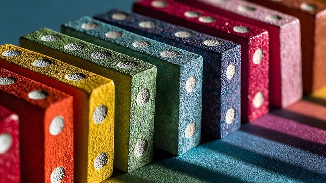 A colorful row of textured dominoes with white dots cast long shadows on a blue surface creating a visually interesting pattern of shapes and vibrant colors.