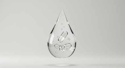 Fototapeta premium Transparent water droplet with floating vitamins symbolizing purity and lightness in health
