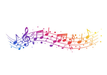 Colorful Music Notes and Staff Lines with Gradient Effect on White Background.