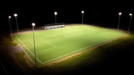 Nighttime soccer match at illuminated field sports event urban setting aerial view competitive spirit