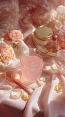 Collagen drink with soft pink tone surrounded by skincare jars, silk fabric, and petals, glowing light, elegant spa mood, luxury feminine aesthetic, vertical composition