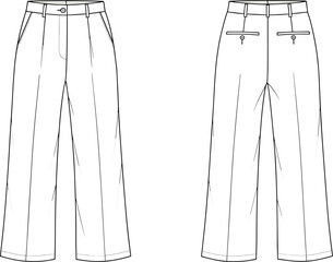 Trousers front and back view, fashion flat sketch, technical apparel template, vector clothing design, garment construction drawing, tailored pants illustration, CAD fashion drawing