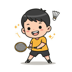Joyful young boy enthusiastically plays badminton, hitting the shuttlecock with a racket in a dynamic pose.