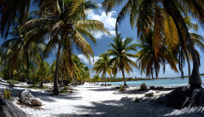 Obraz premium Beach, palm trees, vacation, coconuts, coconut palm, elongated image, white sand, fine sand, palm tree remains