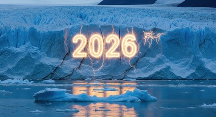 A giant ice sculpture of the year 2026, melting into water, reflecting the effects of climate change on our planet and the future