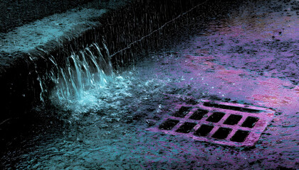 Heavy rainwater entering a street drainage system. Color enhanced image of rainwater runoff