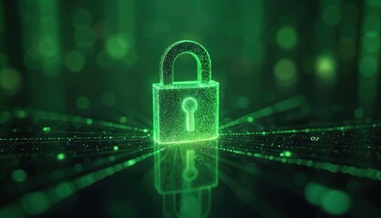 Green neon padlock symbol glows with binary code streams. Abstract digital security concept on a dark background. Data protection, cyber safety, technology.