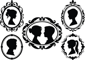 Vintage portrait silhouettes, elegant frames, male and female profiles, Victorian style, antique design, romantic couple, retro art, decorative silhouette, classic illustration, profile vector