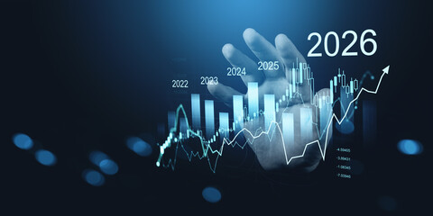Hand interacting with futuristic financial graph showing data trends from 2022 to 2026,...