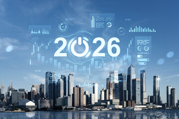 Futuristic data-driven concept of 2026 over modern New York City skyline with digital finance and analytics interface overlay on blue sky background.