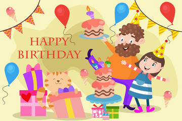 Festive Birthday Celebration with Father Daughter Cat Cake Balloons Gifts Flags Yellow Backdrop