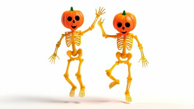 Two cheerful skeletons with pumpkin heads are joyfully dancing together, showcasing a lively motion sequence filled with excitement and festive spirit, embodying the essence of Halloween celebration
