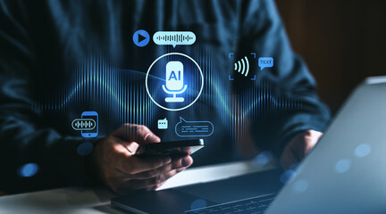 Man using smartphone with AI voice recognition technology interface icons on dark background, representing modern voice assistant tech concept..