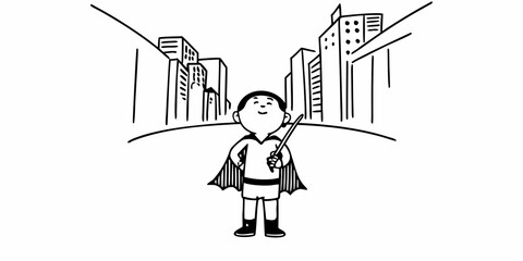 Boy in superhero costume standing in a city street holding a wand with buildings in the background