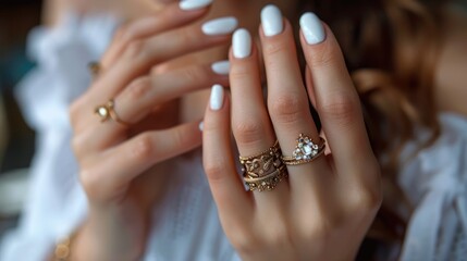 Close-up of a woman's hands with a beautiful manicure, with many different rings on her fingers.